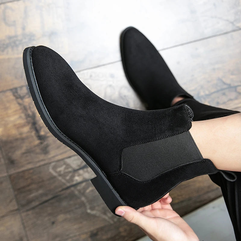 Trendy British Style Men’s Chelsea Boots – High Top Suede Leather Slip-On Ankle Boots for Spring & Autumn