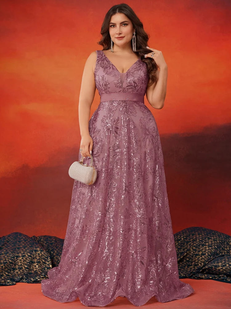 Plus Size Deep V-Neck Sequin Evening Dress – Elegant Blue Long Formal Gown with V-Back for Wedding, Party & Prom