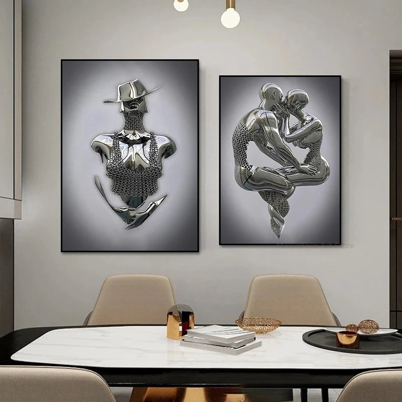 Modern Metal Character Wall Art - Nordic Romantic Couple Posters and Prints Canvas Painting for Office Living Room Home Decoration