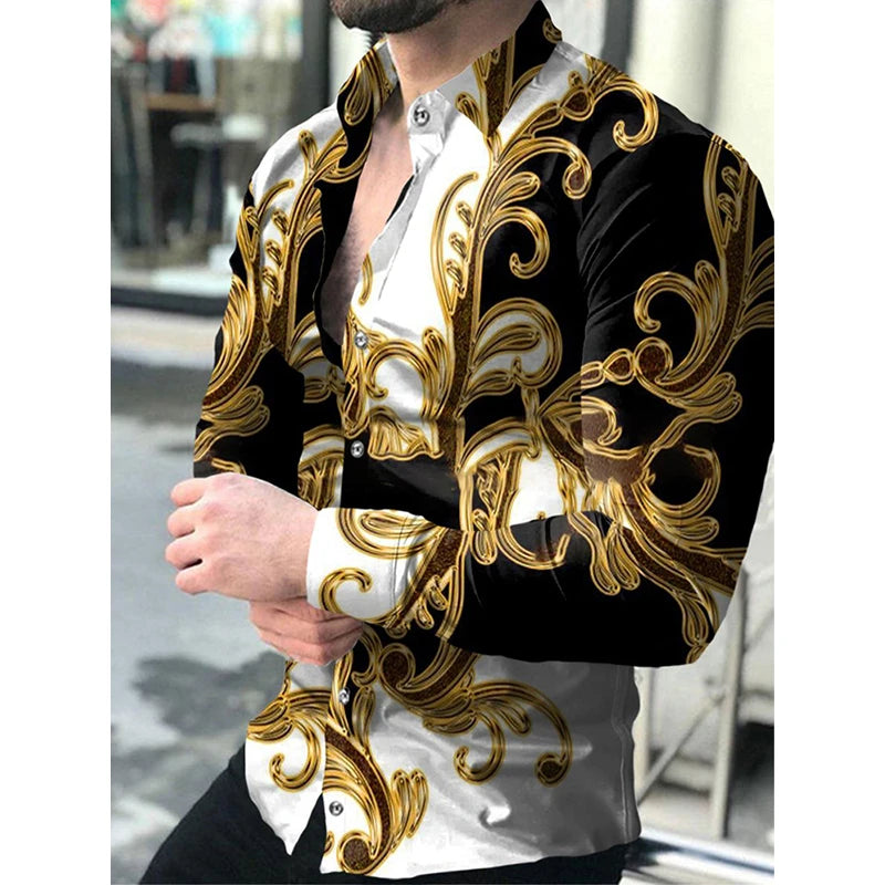 Luxury Floral Print Long Sleeve Shirt for Men – Casual Party Style, Button-Up Turn-Down Collar