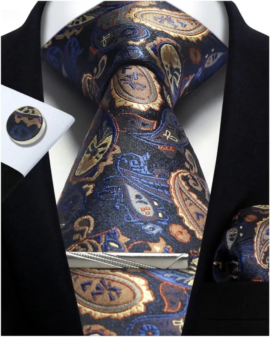 Men’s Classic Silver Paisley Tie Set – Silk Necktie, Pocket Square, Cufflinks & Tie Clip – Formal Wedding Party Gift Box