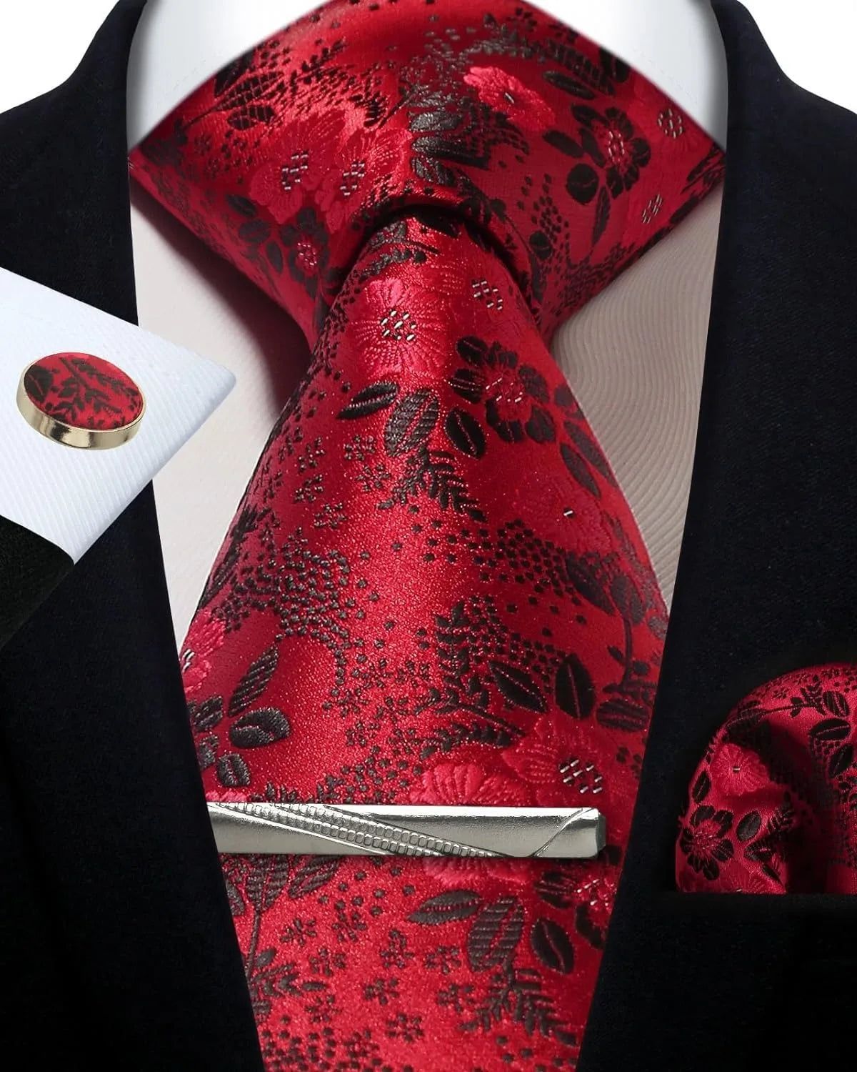 Men’s Classic Silver Paisley Tie Set – Silk Necktie, Pocket Square, Cufflinks & Tie Clip – Formal Wedding Party Gift Box