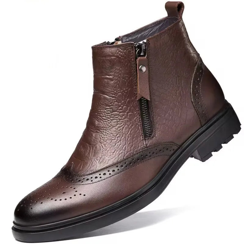 Genuine Leather Men’s Side-Zip Ankle Boots – Warm Plush Lined Winter Fashion
