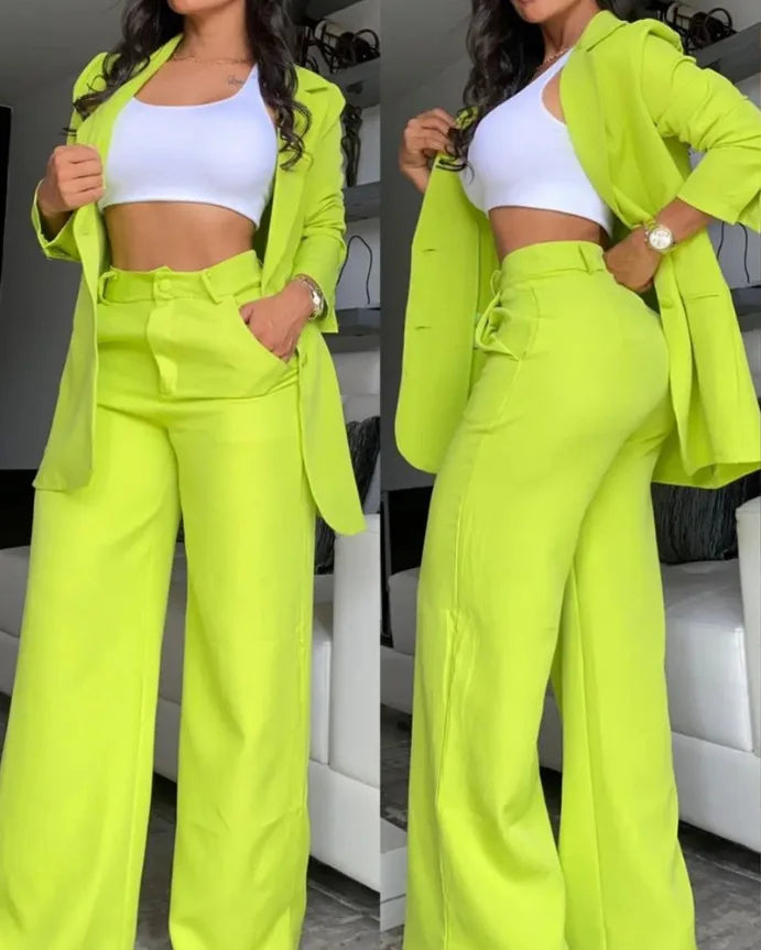 Women’s 2-Piece Solid Color Set – Spring/Autumn Fashion – Elegant Split Collar Top & Straight Tube Pocket Pants
