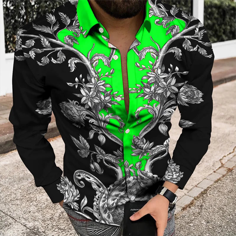 Men’s 3D Floral Print Long Sleeve Shirt – Designer Party & Prom Dress Shirt, S–5XL