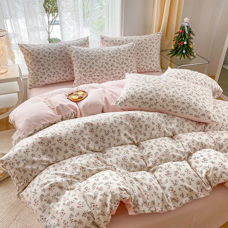 3-Piece Heart & Floral Print Duvet Cover Set – Cartoon Style Bedding for Bedroom (No Padding)
