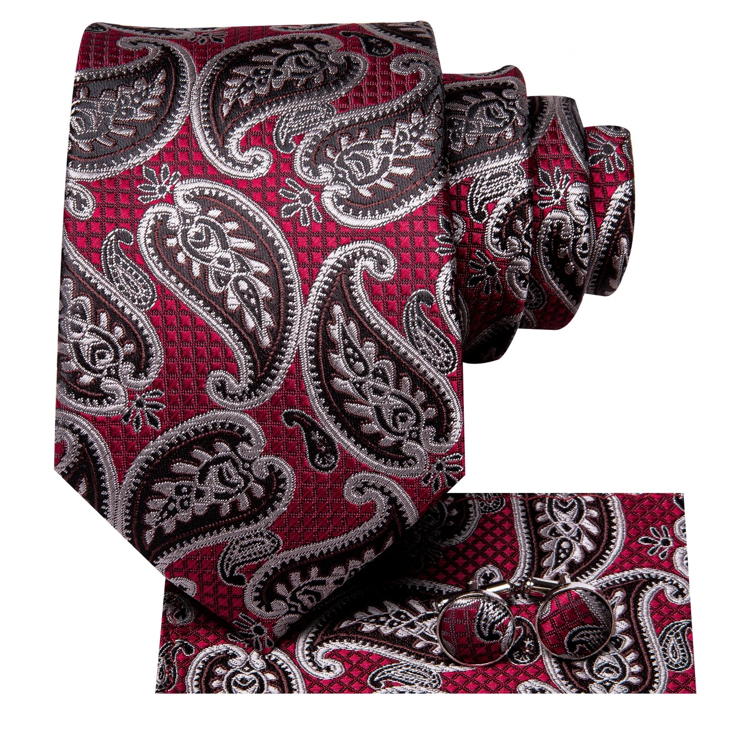 Burgundy Brown & Black Paisley Striped Silk Tie Set – Necktie + Pocket Square + Cufflinks – Formal Gift Set for Men