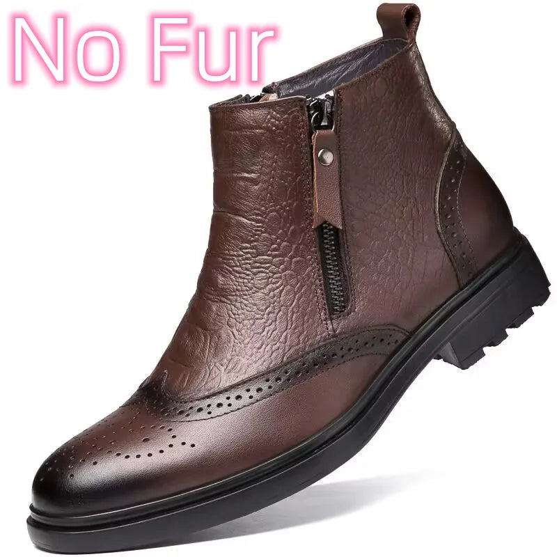 Genuine Leather Men’s Side-Zip Ankle Boots – Warm Plush Lined Winter Fashion
