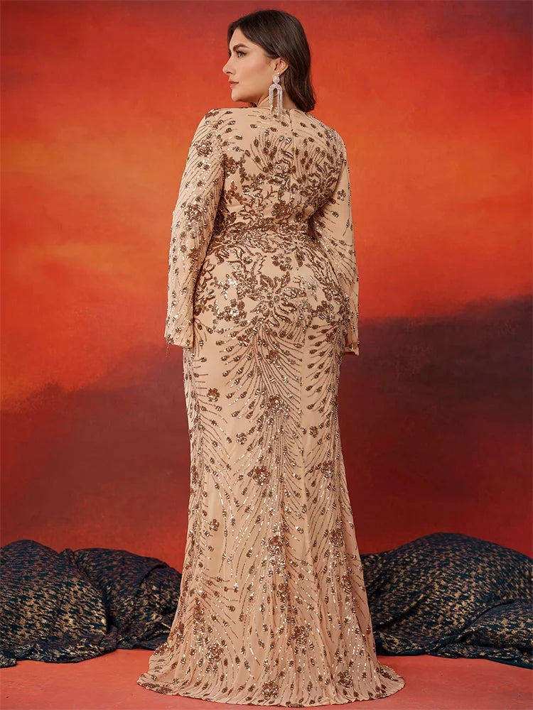 Plus Size Gold Sequin Mermaid Evening Gown – Long Sleeve Formal Dress for Weddings, Prom & Special Occasions