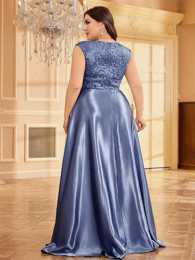 Plus Size Luxury Gold Satin Sequin Evening Gown β V-Neck Floor-Length Dress for Weddings, Parties & Prom