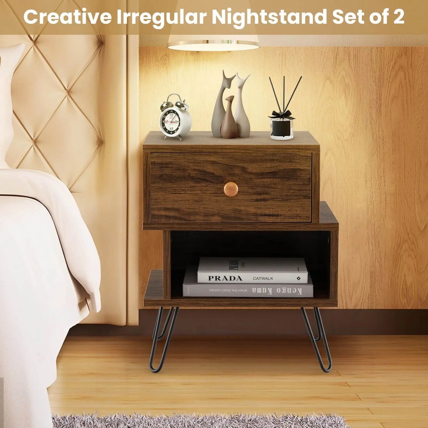 Set of 2 Wooden Nightstands 2-Tier with Elevated Metal Feet - DynamicDrop Hub