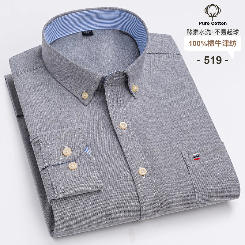 100% Cotton Oxford Long Sleeve Men's Plaid Dress Shirt – Regular Fit Formal Shirt with Pocket (S–7XL)