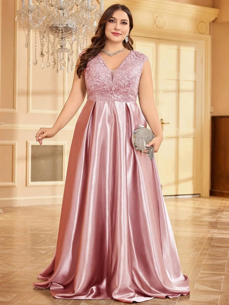Plus Size Luxury Gold Satin Sequin Evening Gown β V-Neck Floor-Length Dress for Weddings, Parties & Prom