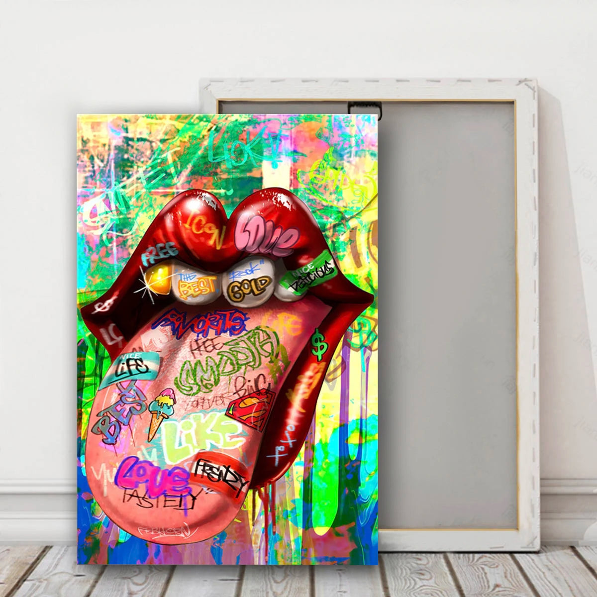 Graffiti Art Wall Painting with Framed Canvas - Abstract Tongue Street Art Poster, Modern Home Decor