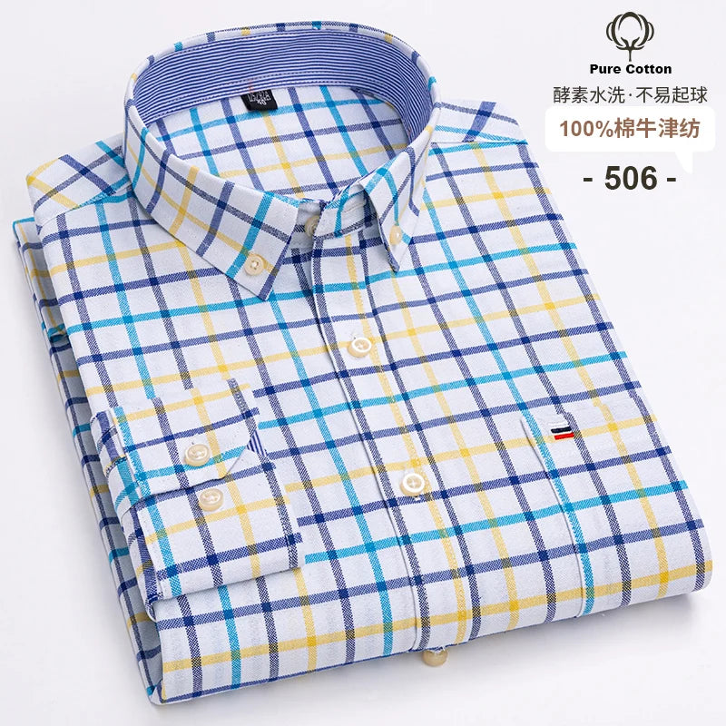 100% Cotton Oxford Long Sleeve Men's Plaid Dress Shirt – Regular Fit Formal Shirt with Pocket (S–7XL)