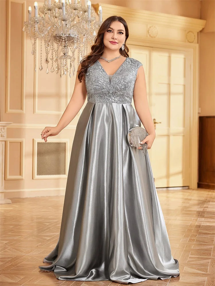 Plus Size Luxury Gold Satin Sequin Evening Gown β V-Neck Floor-Length Dress for Weddings, Parties & Prom