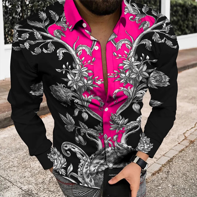 Men’s 3D Floral Print Long Sleeve Shirt – Designer Party & Prom Dress Shirt, S–5XL