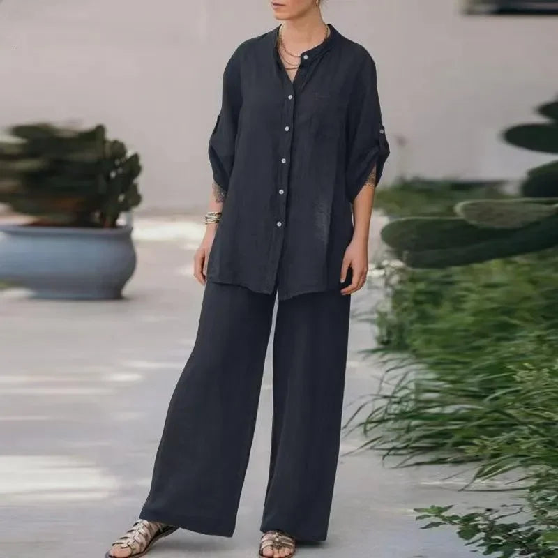 Women's 2-Piece Long Sleeve Shirt & Pants Set – Solid Color, Loose Fit, Casual Loungewear Outfit for Spring/Summer