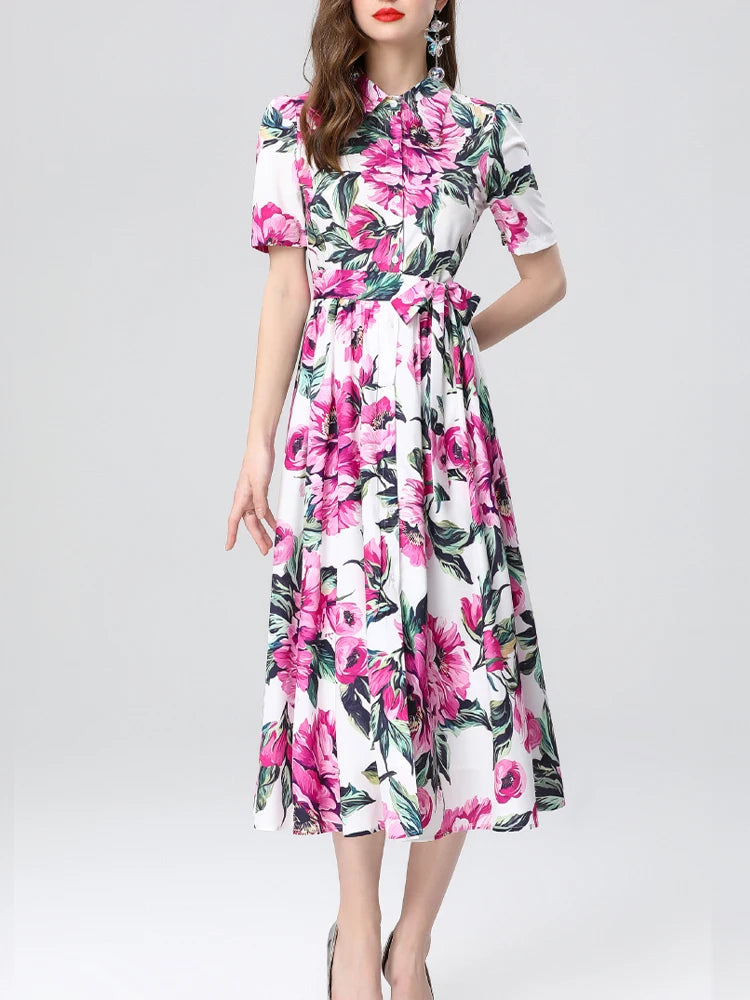 Elegant Printed Slim Fit Lapel Dress – Women’s Short Sleeve Spring/Summer 2025 Fashion