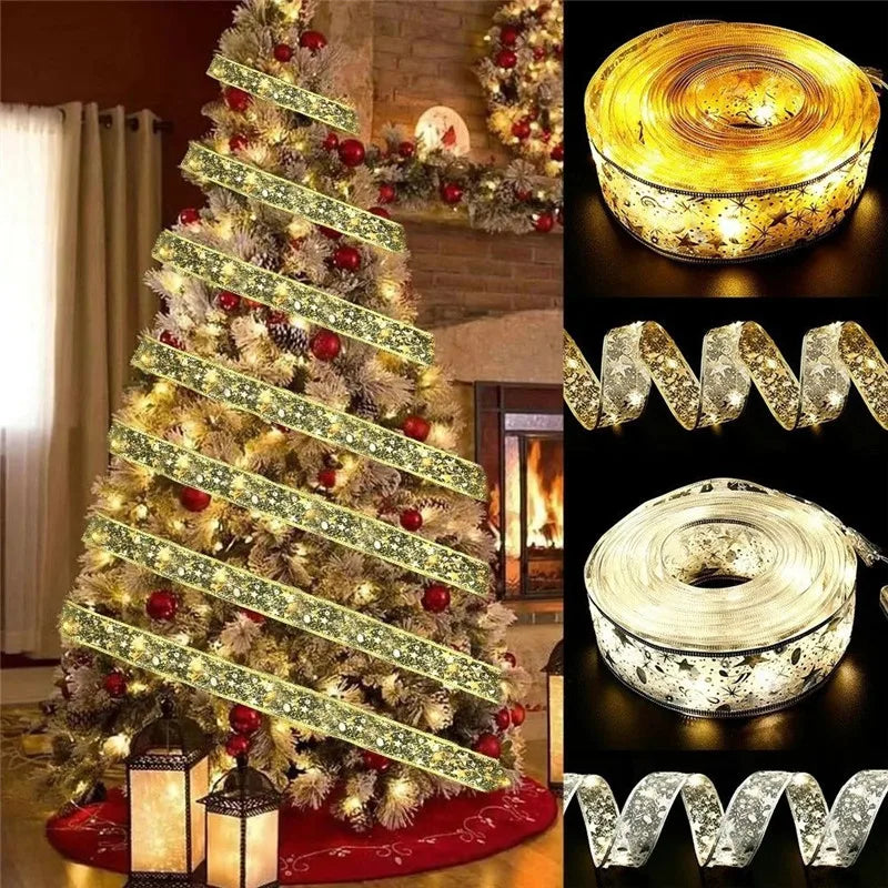 Christmas Decoration LED Ribbon Fairy Lights Christmas Tree Ornaments for Home DIY Bows Light String Navidad New Year 2025