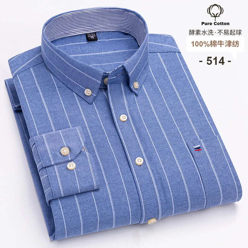 100% Cotton Oxford Long Sleeve Men's Plaid Dress Shirt – Regular Fit Formal Shirt with Pocket (S–7XL)