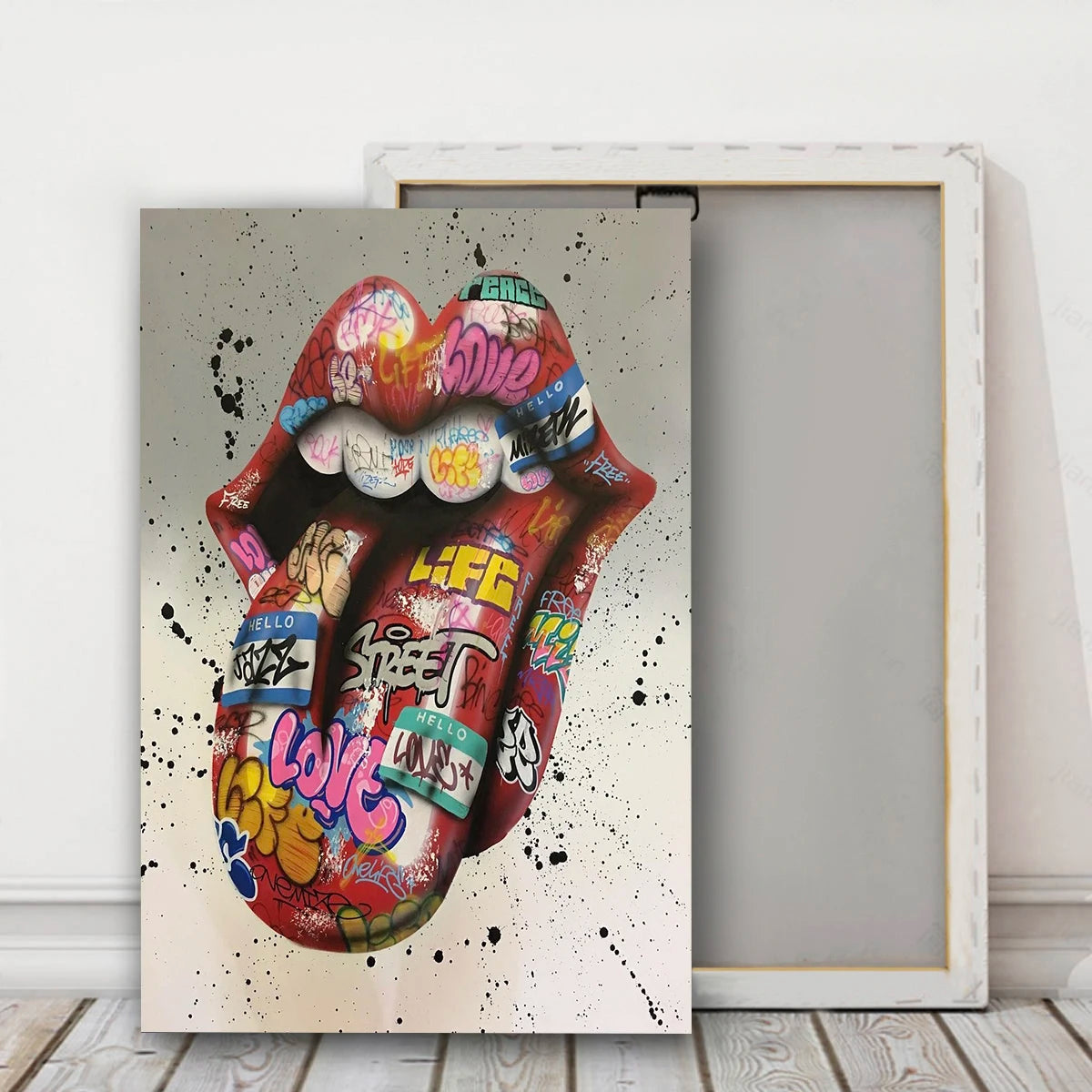 Graffiti Art Wall Painting with Framed Canvas - Abstract Tongue Street Art Poster, Modern Home Decor