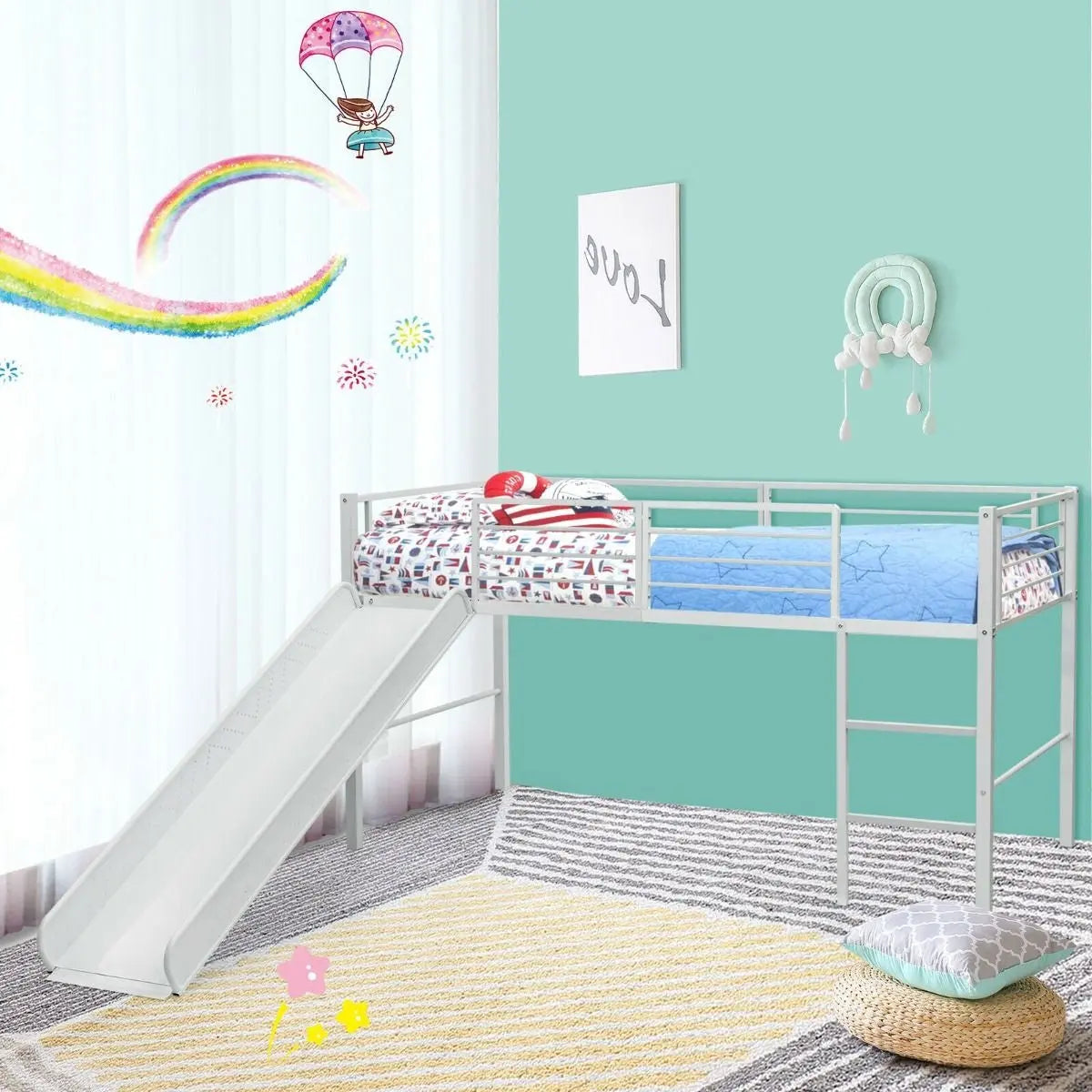 Sliding Loft Children Single Bed with Stairs and Safety Guardrails - DynamicDrop Hub
