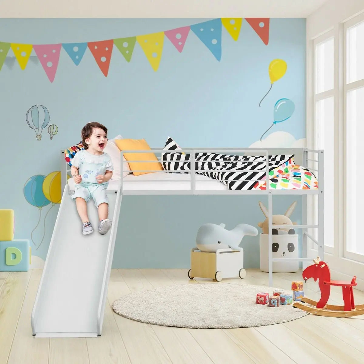 Sliding Loft Children Single Bed with Stairs and Safety Guardrails - DynamicDrop Hub