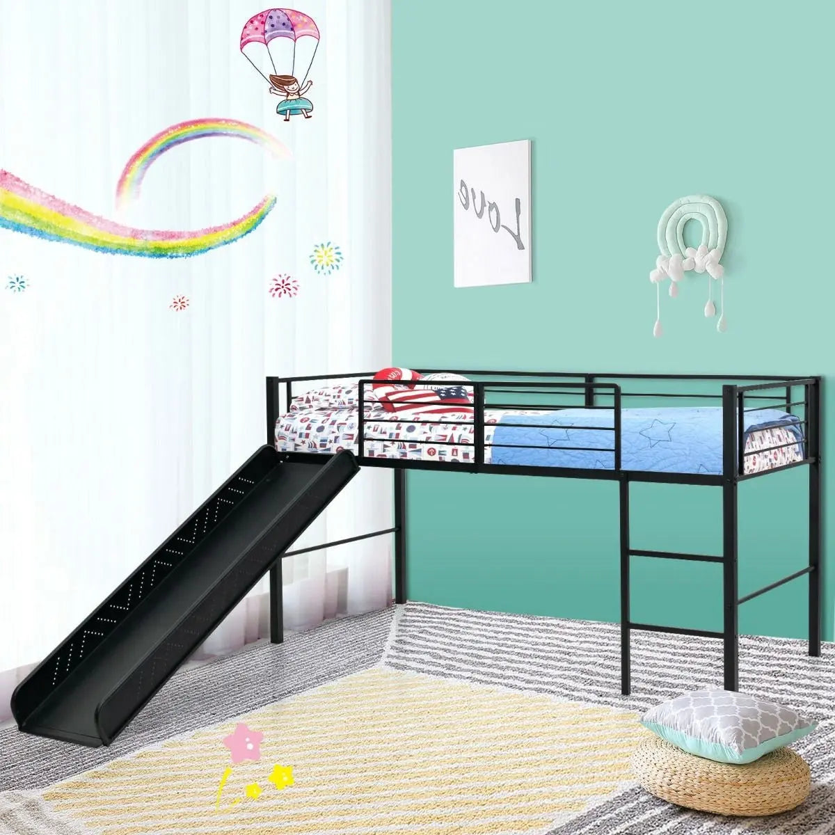 Sliding Loft Children Single Bed with Stairs and Safety Guardrails - DynamicDrop Hub