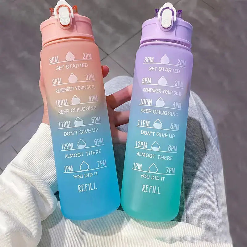 Sports Water Bottle – Portable Motivational Straw Cup, Rainbow Frosted Progressive Color with Free Brush - DynamicDrop Hub