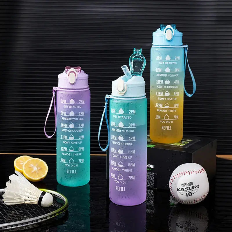 Sports Water Bottle – Portable Motivational Straw Cup, Rainbow Frosted Progressive Color with Free Brush - DynamicDrop Hub