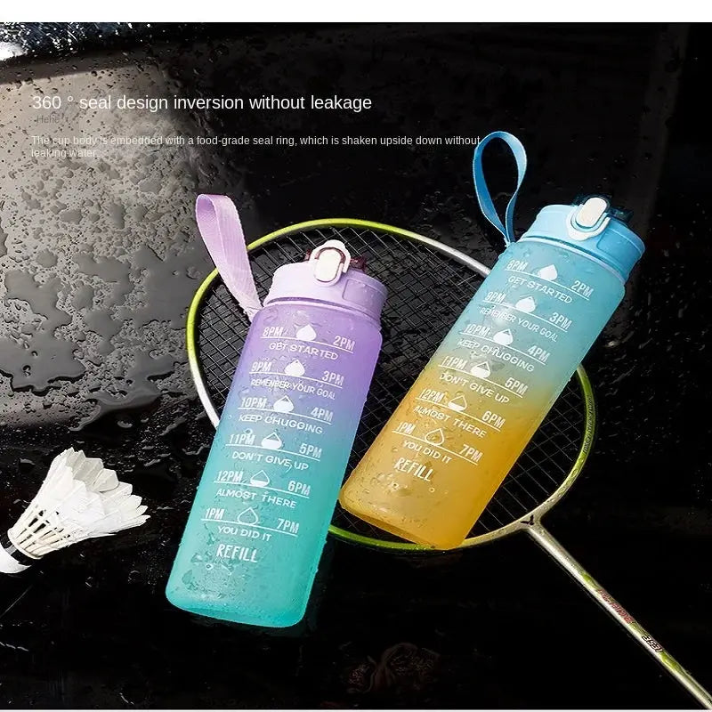 Sports Water Bottle – Portable Motivational Straw Cup, Rainbow Frosted Progressive Color with Free Brush - DynamicDrop Hub