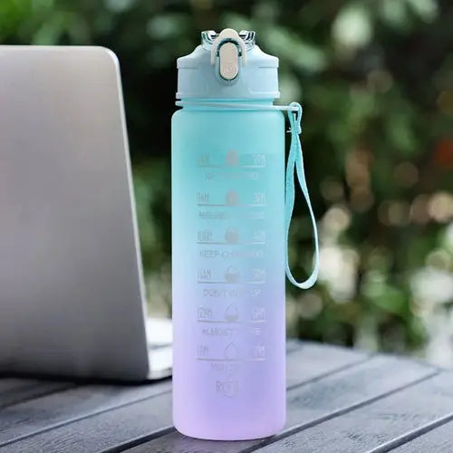 Sports Water Bottle – Portable Motivational Straw Cup, Rainbow Frosted Progressive Color with Free Brush - DynamicDrop Hub