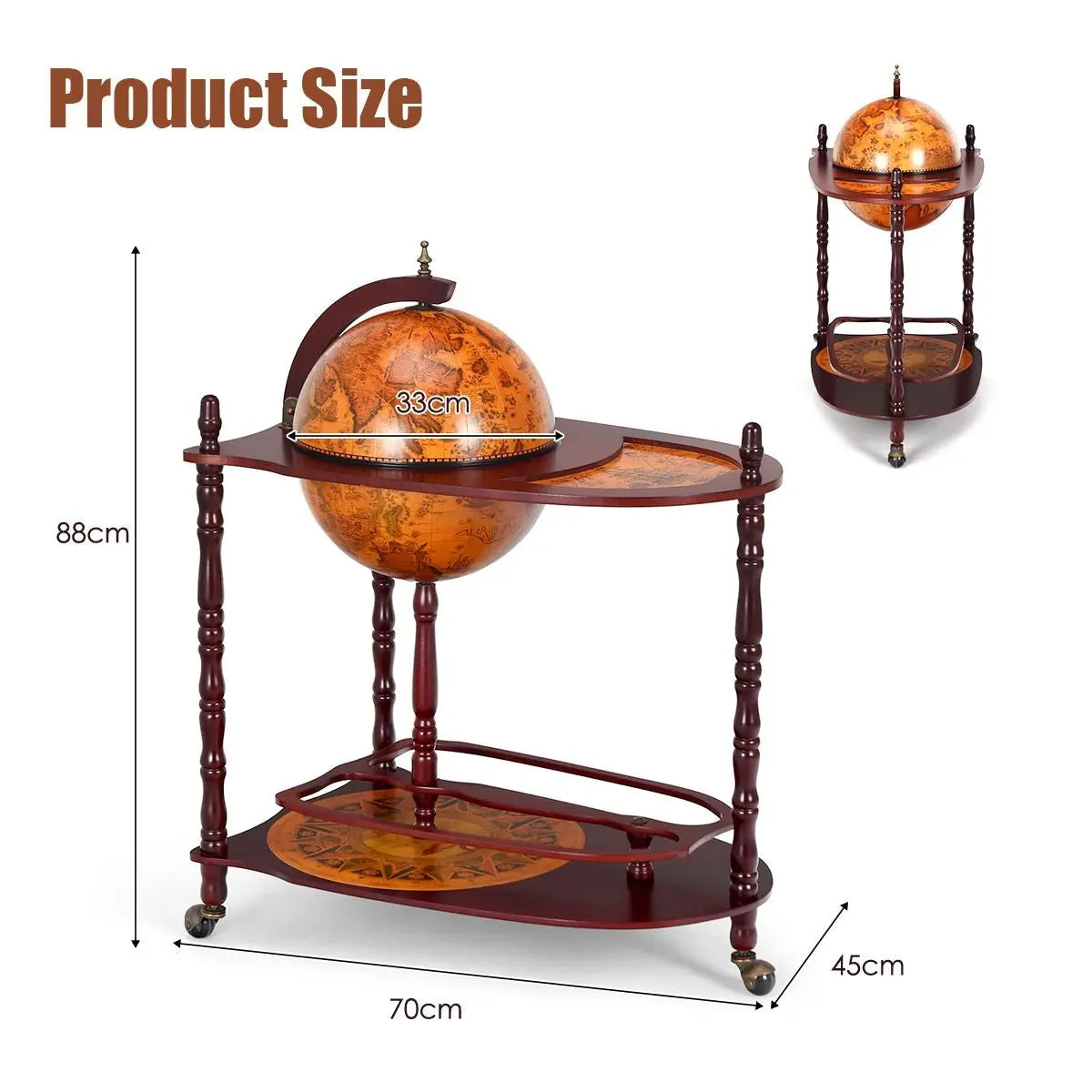 Wood Globe Wine Bar Stand with Retro Wood Liquor Bottle Shelf - DynamicDrop Hub
