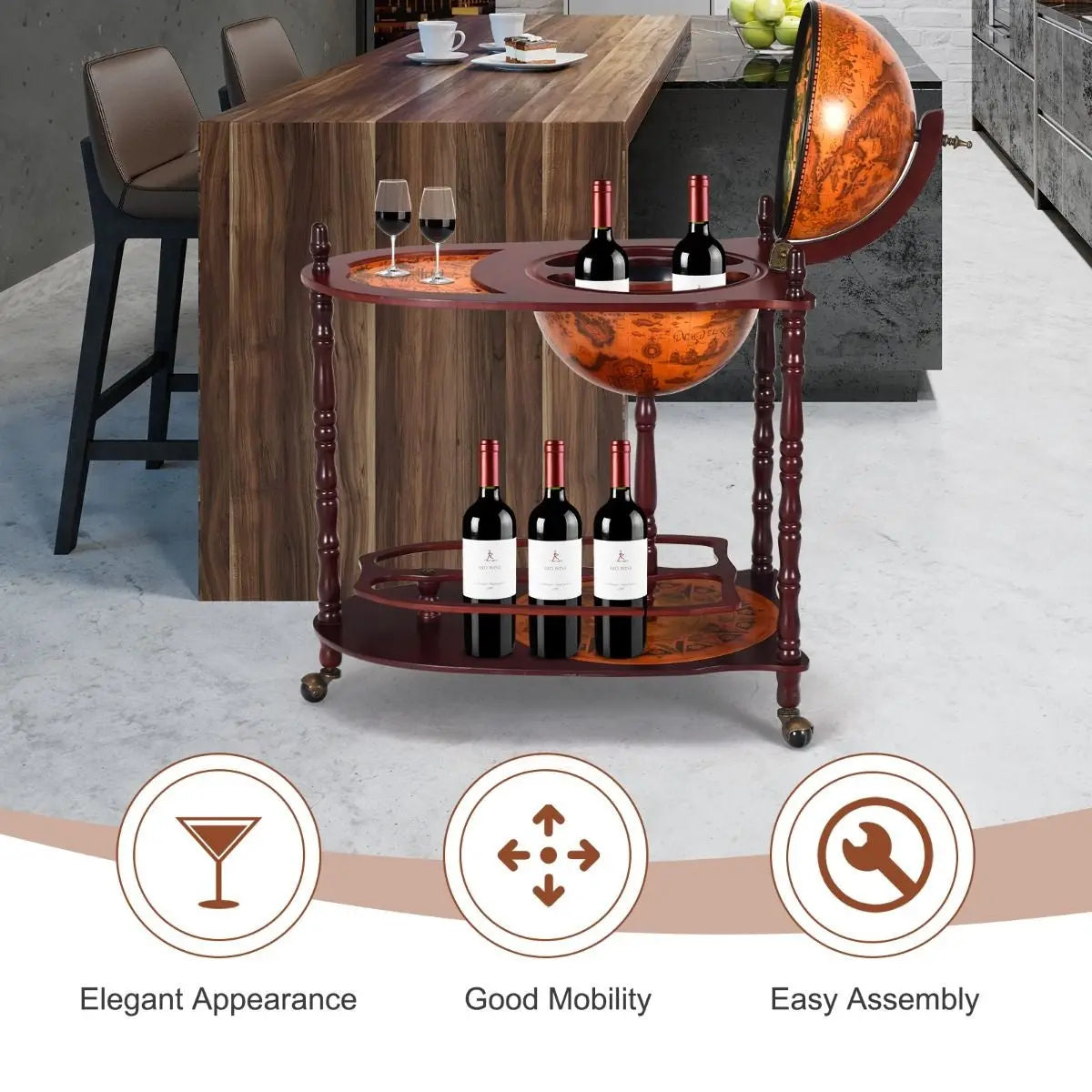 Wood Globe Wine Bar Stand with Retro Wood Liquor Bottle Shelf - DynamicDrop Hub