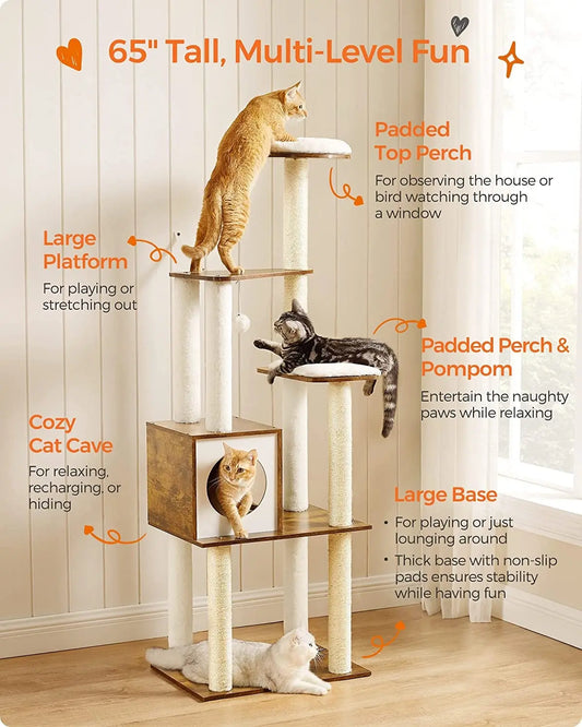 Woody Wonders 65-Inch Cat Tower - Stylish, Multi-Level Playground with Scratching Posts - DynamicDrop Hub