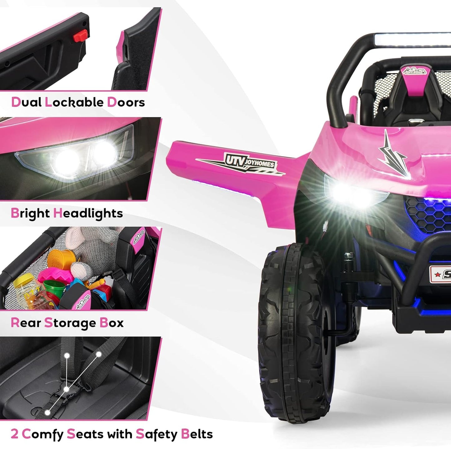 Kids Electric UTV, 2-Seater 12V Battery Powered Toy Car with Remote Control, Lights, Bluetooth, MP3, USB, FM, High/Low Speed & Suspension Spring, Children Ride on Car for 3-8 Years Old (Pink)