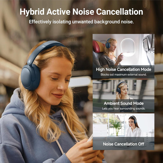 V80 Hybrid Active Noise Cancelling Headphones, True Wireless over Ear Bluetooth Headset with 45H Playtime Hi-Res Audio Fast Charging Multipoint Connection for Travel Home Office - Navy Blue