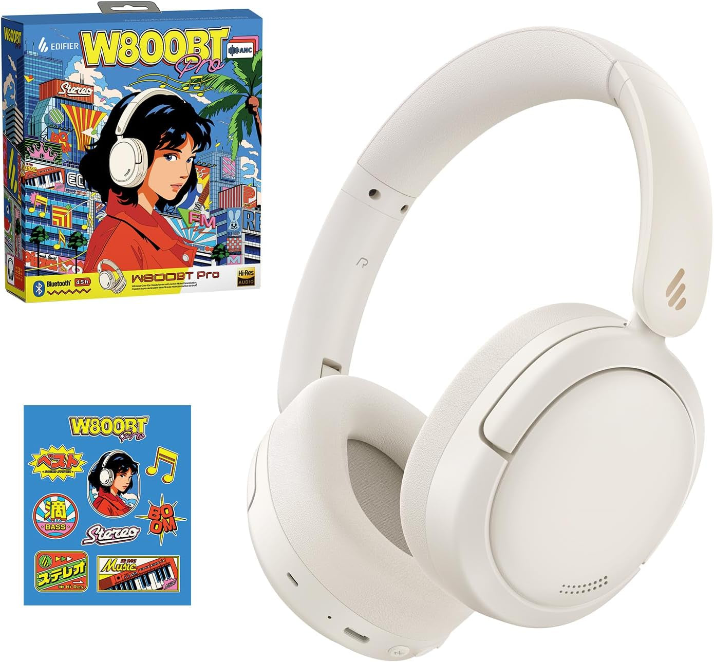 W800BT Pro Hybrid Active Noise Cancelling Headphones - Hi-Res Audio - AI Call Noise Cancellation - 45H Playtime - Fast Charging - Foldable - Wireless Over-Ear Bluetooth 5.4 Headphones - Ivory