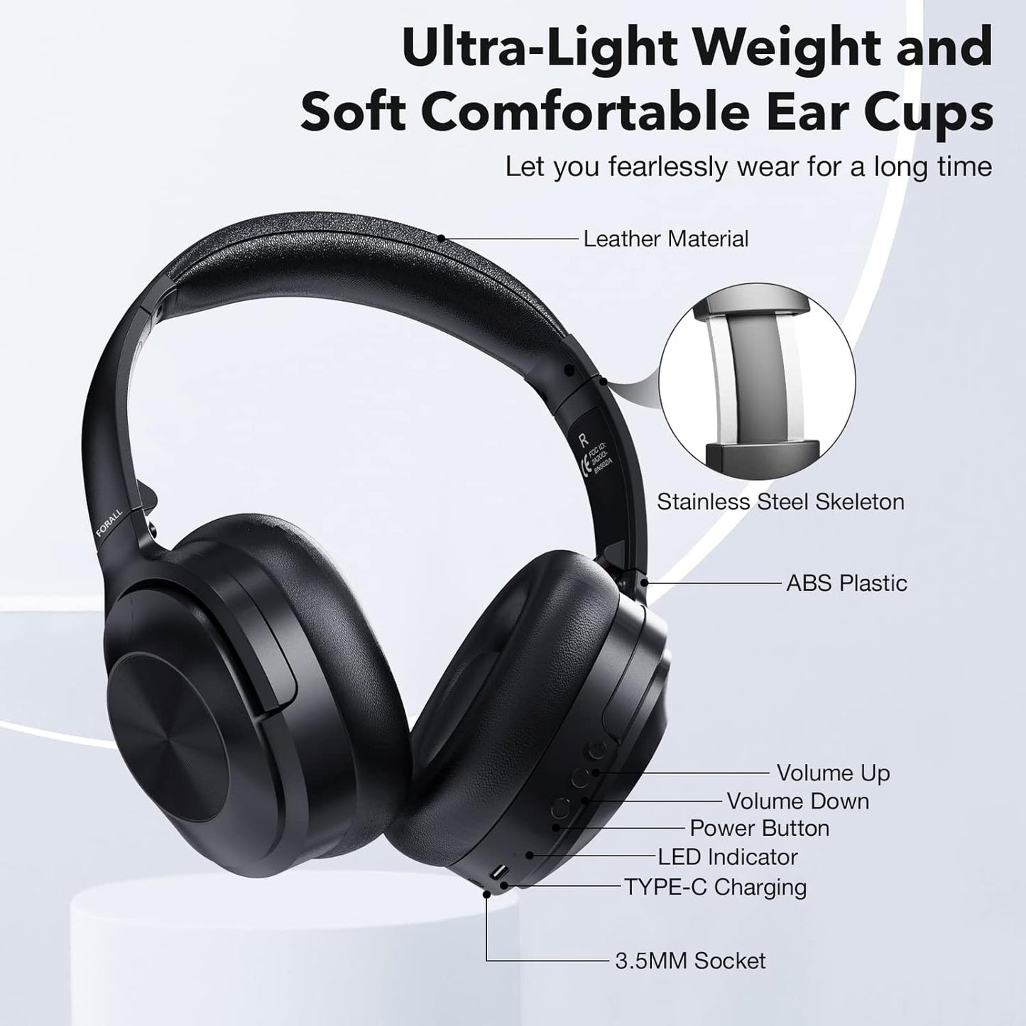 Active Noise Cancelling Headphones, over Ear Wireless Bluetooth Headphones, Hi-Res Audio, Deep Bass Memory Foam Ear Cups, 40H Playtime for Travel Home Office - Black