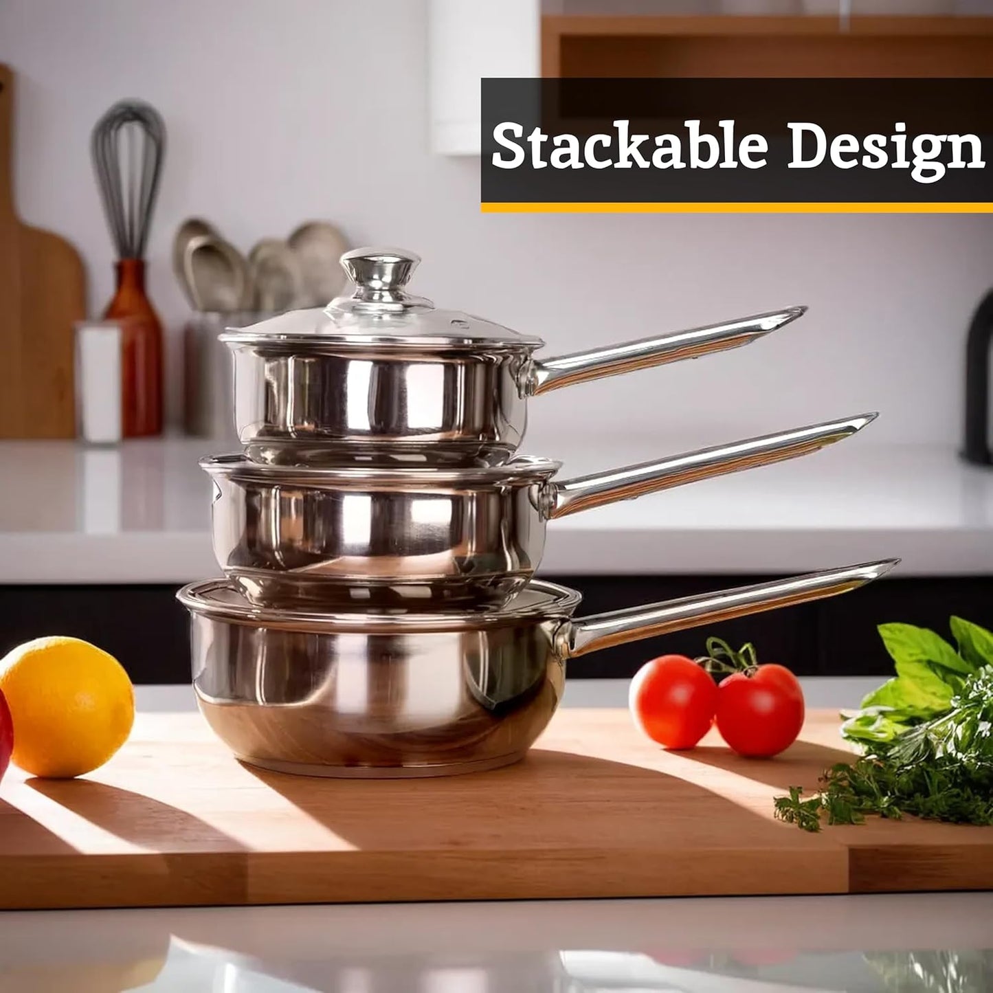 Housewares Stainless Steel Saucepan Set, 3 Piece Set with Glass Lids,Silver,H14 X W40 X D26Cm