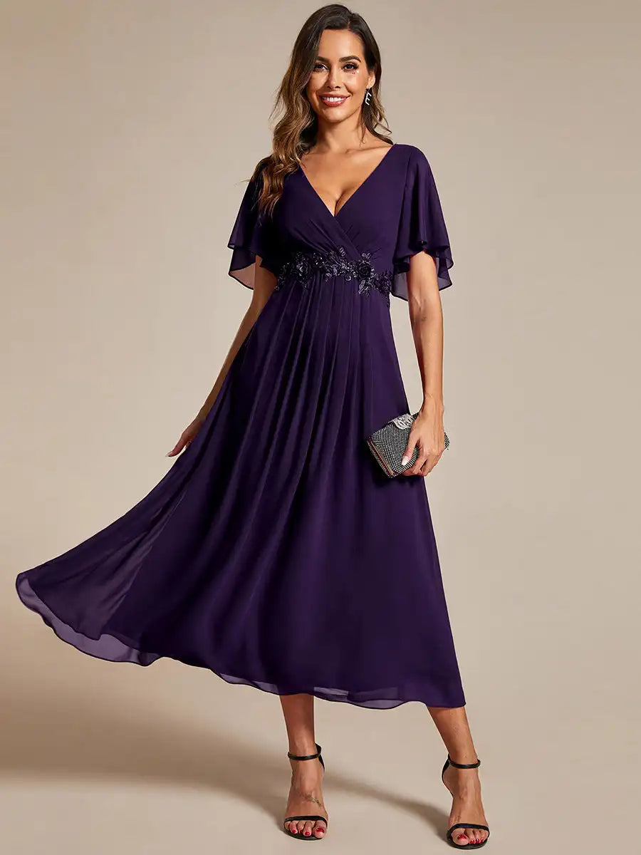Mint Green Formal Evening Dress – Deep V-Neck Applique Ruffle Tea-Length Gown with Short Sleeves (Wedding Guest Dress, Corporate Event, Office Dress-Up)