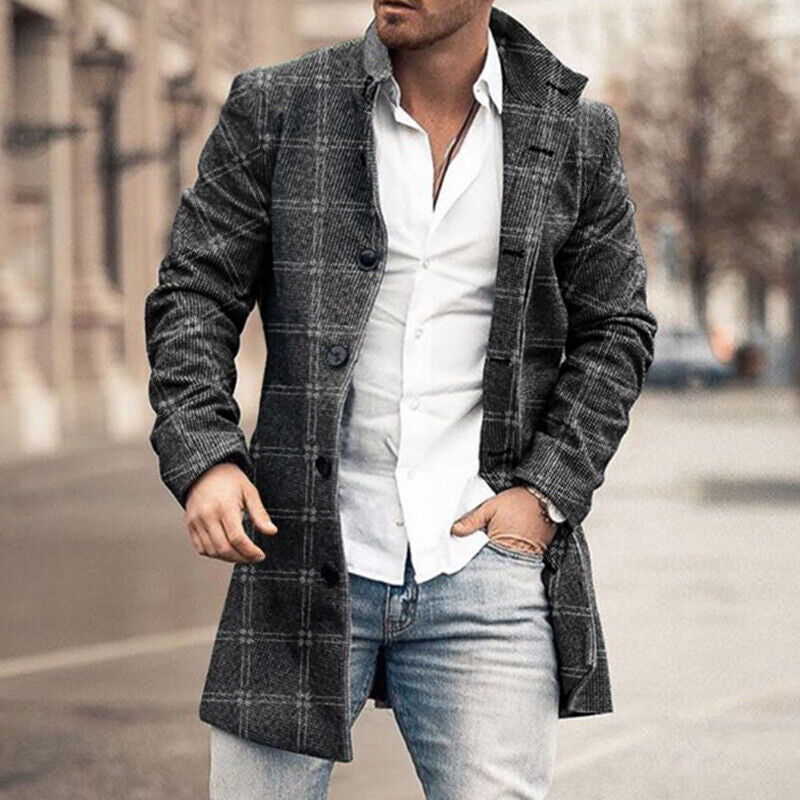 Men’s Long Sleeve Woolen Trench Coat – Warm Plaid Office Jacket for Winter Style