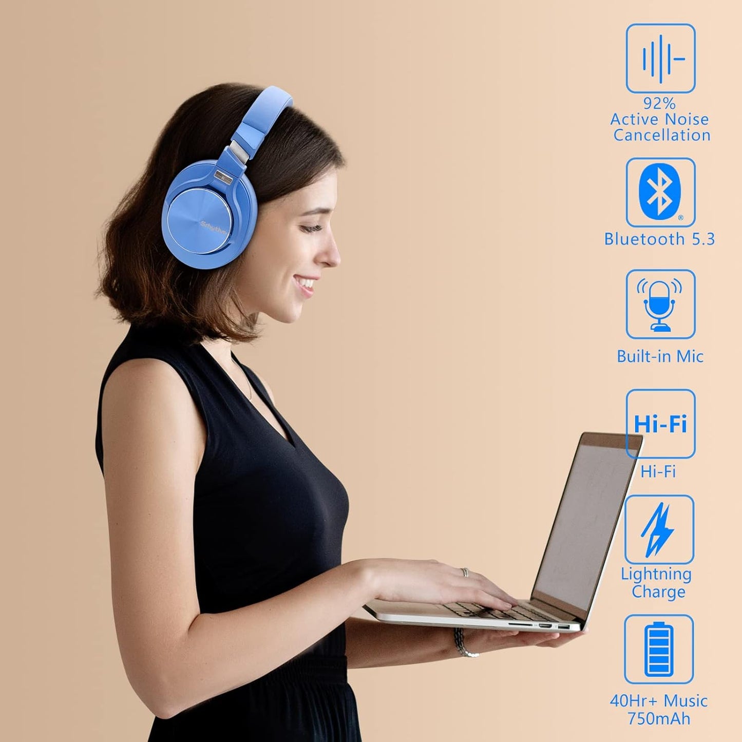NC75 Pro Active Noise Cancelling Headphones Bluetooth 5.3,Over-Ear Headset with Build-In Microphone,Hi-Fi,40 Hours Playtime for All Bluetooth Devices (Diamond Blue)