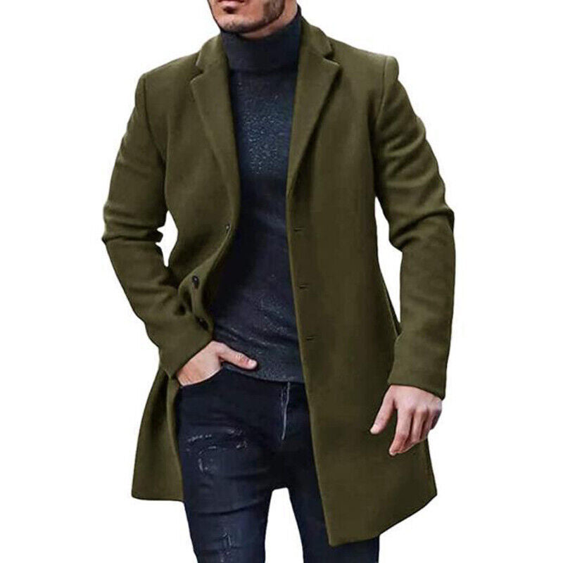 Men’s Winter Warm Trench Coat – Long Smart Formal Overcoat with Button Accents, Pockets & Lining
