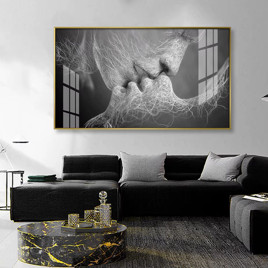 Kissing Couple Romantic Love Poster Abstract Canvas Painting - Black and White Wall Art Pictures Print for Bedroom Home Decoration