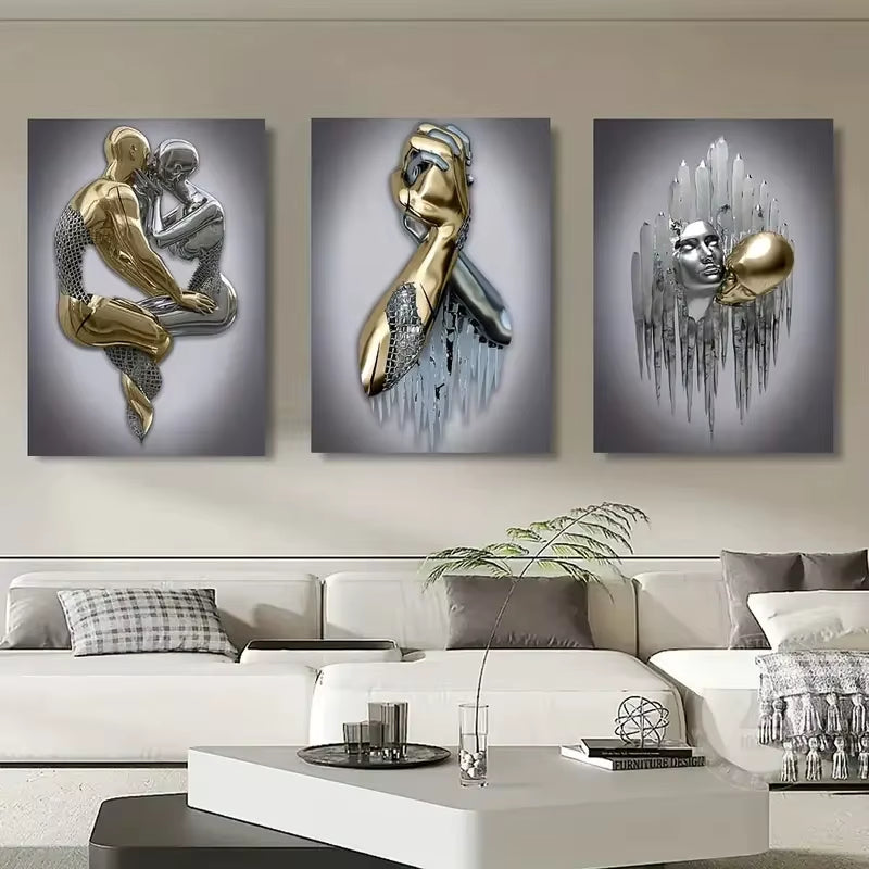 3Pcs Canvas Poster Metal Figure Statue Art Canvas Painting Decor Romantic Abstract Poster Modern Art Living Room Bedroom Decor