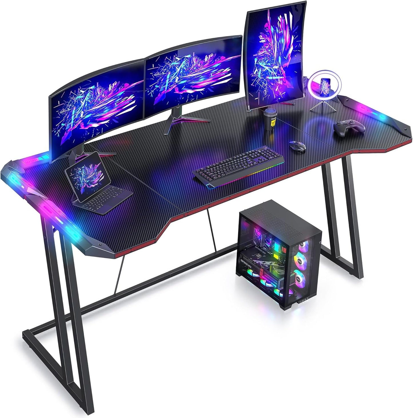Gaming Desk with LED, 120 Cm Gamer Workstation, Home Computer with Carbon Fiber Surface, Black