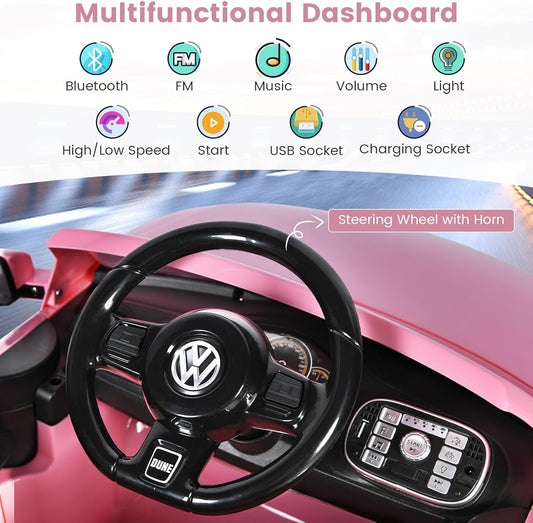 Kids Ride on Car, 12V Licensed Volkswagen Beetle Battery Powered Car with Remote Control, Bluetooth, USB, FM, Music, Spring Suspension&Slow Start, Children Electric Vehicle for Girls Boys (Pink)