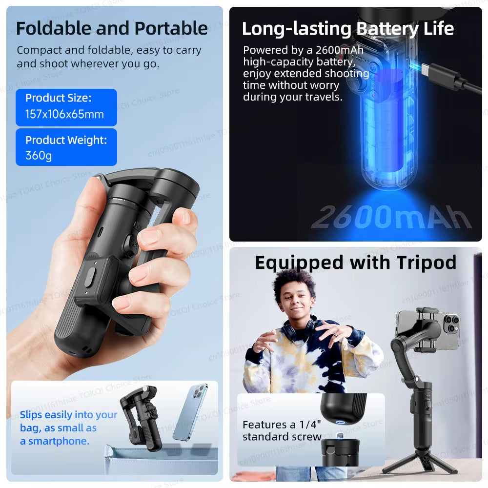 M02 3-Axis Handheld Gimbal Stabilizer for Smartphone, Foldable Phone Holder Anti-Shake PTZ for Iphone Android Tiktok Vlog